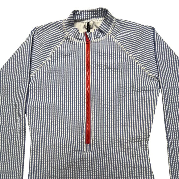 J.Crew Long Sleeve Striped Zip Rash Guard Swimsuit S Blue & White - Picture 2 of 9